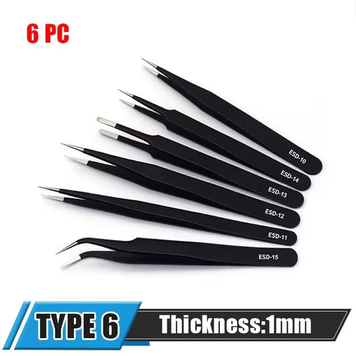 6PCS Precision Tweezers Set ESD Anti-Static Stainless Steel Tweezers