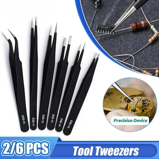 6PCS Precision Tweezers Set ESD Anti-Static Stainless Steel Tweezers