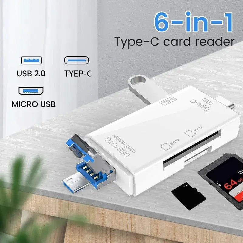 6 in 1 Type C Micro USB Portable SD Memory Card Reader High-speed