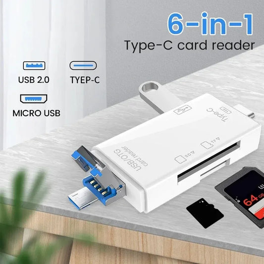 6 in 1 Type C Micro USB Portable SD Memory Card Reader High-speed